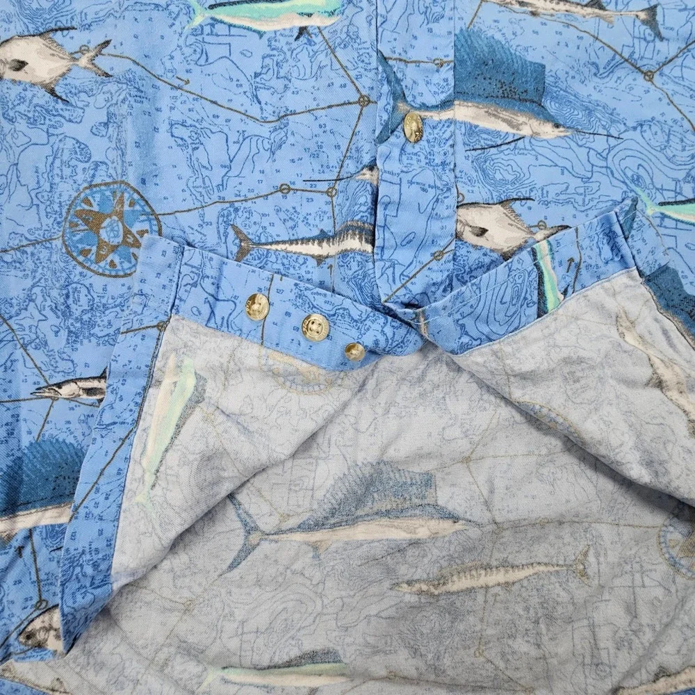 Vintage 2005 Columbia Nautical Map Fish‎ Print Shirt Men's XXL Blue Viscose Y2K